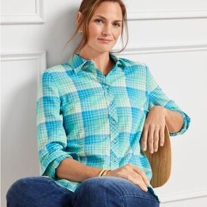 Talbots Size S Blue Chill/Turquoise Cotton Button Front Shirt  Plaid Metallic
